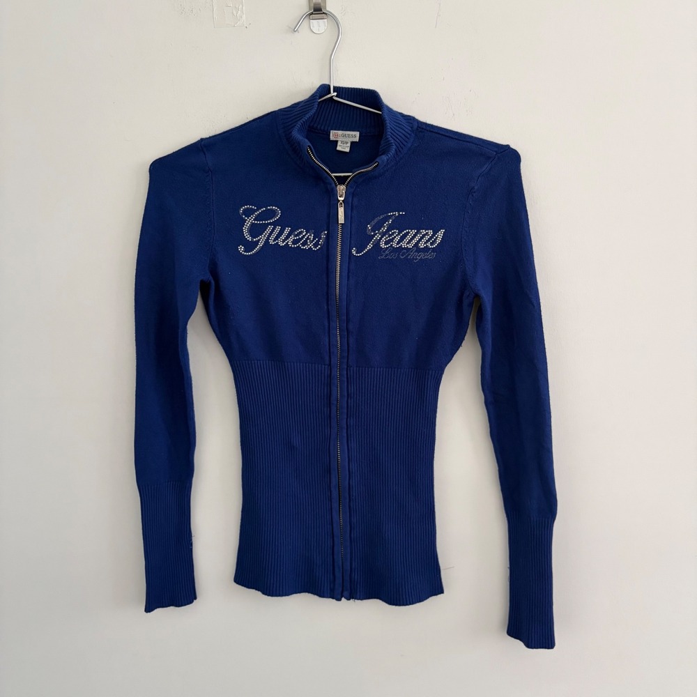 Guess Jeans Los Angeles Blue Full Zip Rhinestone Logo Sweater XS